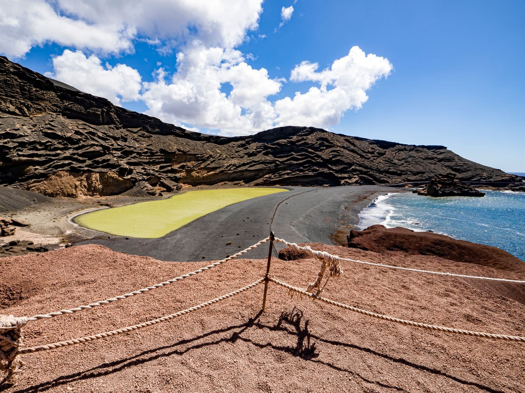 Het groene meer van El Golfo naast een zwart strand op Lanzarote